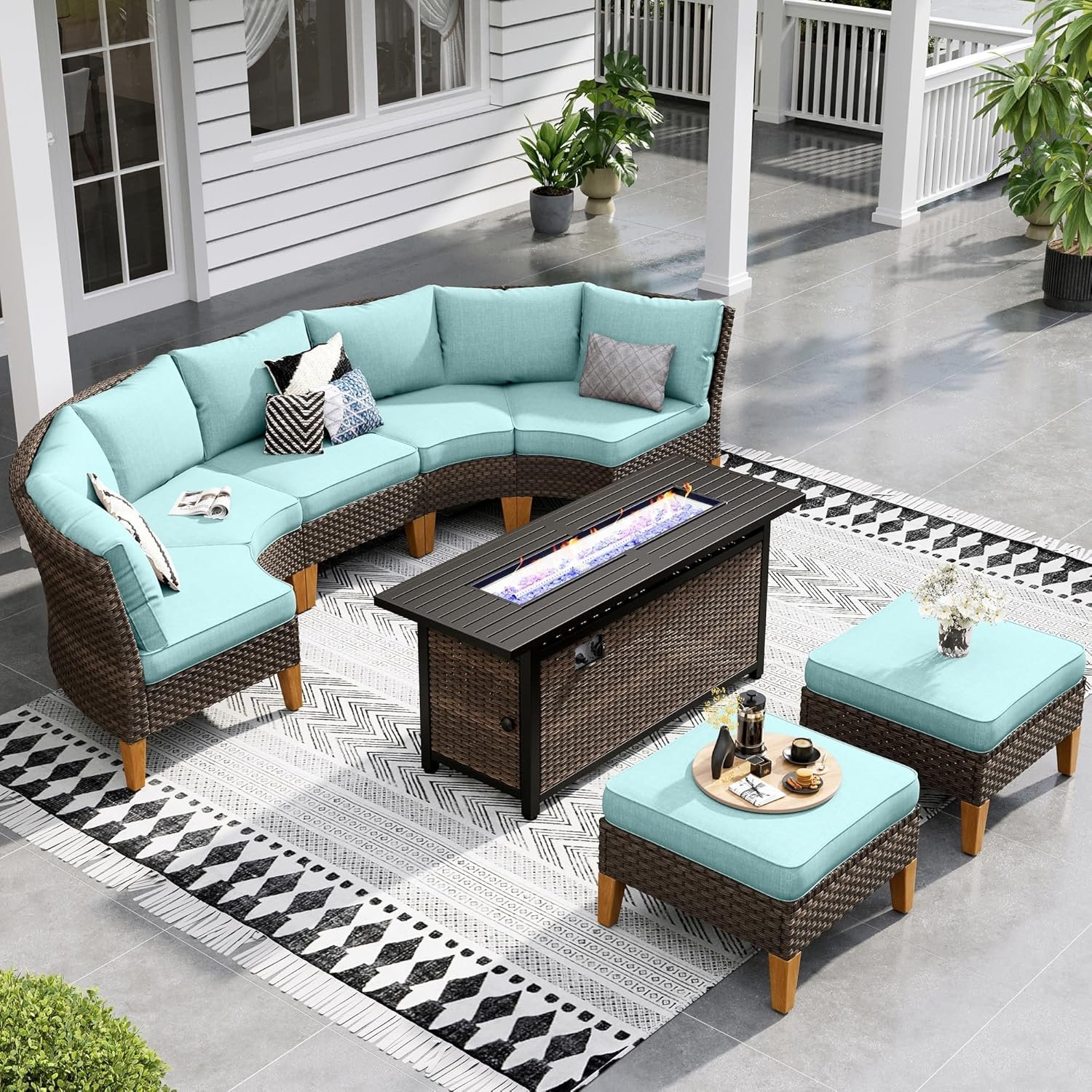 91CL4fo063L._AC_SL1500_.jpg Sophia & William Patio Furniture Set with Fire Pit Table, 8 Piece Half Moon Outdoor Wicker Sectional Sofa Set, Rattan Conversation Set with 56-Inch Fire Pit Table & Ottoman (Aqua Blue) - Image 1