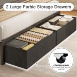 Queen Bed Frame with 2 Drawers, Upholstered Headboard with Storage and Charging Station, LED Lights, Fabric Drawers with Wheels, Under Bed Storage, No Box Spring Needed, Easy Assembly, Grey - Image 5
