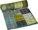 Silk Patchwork Kantha Quilt | Hand-Stitched Vintage Saree Quilt | Reversible Boho Bedspread & Throw | Lightweight Handmade Bedding Décor, (Green, King, 108 x 108 Inches)