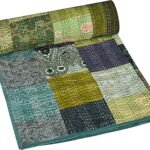 Silk Patchwork Kantha Quilt | Hand-Stitched Vintage Saree Quilt | Reversible Boho Bedspread & Throw | Lightweight Handmade Bedding Décor, (Green, King, 108 x 108 Inches)