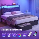 Queen Bed Frame with 2 Drawers, Upholstered Headboard with Storage and Charging Station, LED Lights, Fabric Drawers with Wheels, Under Bed Storage, No Box Spring Needed, Easy Assembly, Grey - Image 3