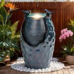 24.8" H Ceramic Jar Outdoor Water Fountain with LED Lights & Bird Accents, Elegant Turquoise Glaze with Bubble-Like Texture, Decorative Garden Water Feature - Image 8