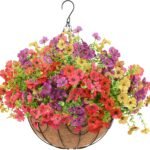 Palonu 1 Set Artificial Hanging Plants Flowers with Basket, Colorful Realistic Daisy in Coconut Planters, UV Resistant Hanging Ornaments for Front Porch Patio Yard Indoor Outdoor Fall Autumn Decor