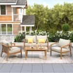 Christopher Knight Home Dena Patio 4-Piece Conversation Set, Outdoor 4-Seater Acacia Wood Sofa Chat Set,Garden Furniture,Loveseat,Coffee Table,Set of 2 Club Chairs, Removable Cushions, Teak+ Beige - Image 2