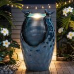 24.8" H Ceramic Jar Outdoor Water Fountain with LED Lights & Bird Accents, Elegant Turquoise Glaze with Bubble-Like Texture, Decorative Garden Water Feature - Image 3
