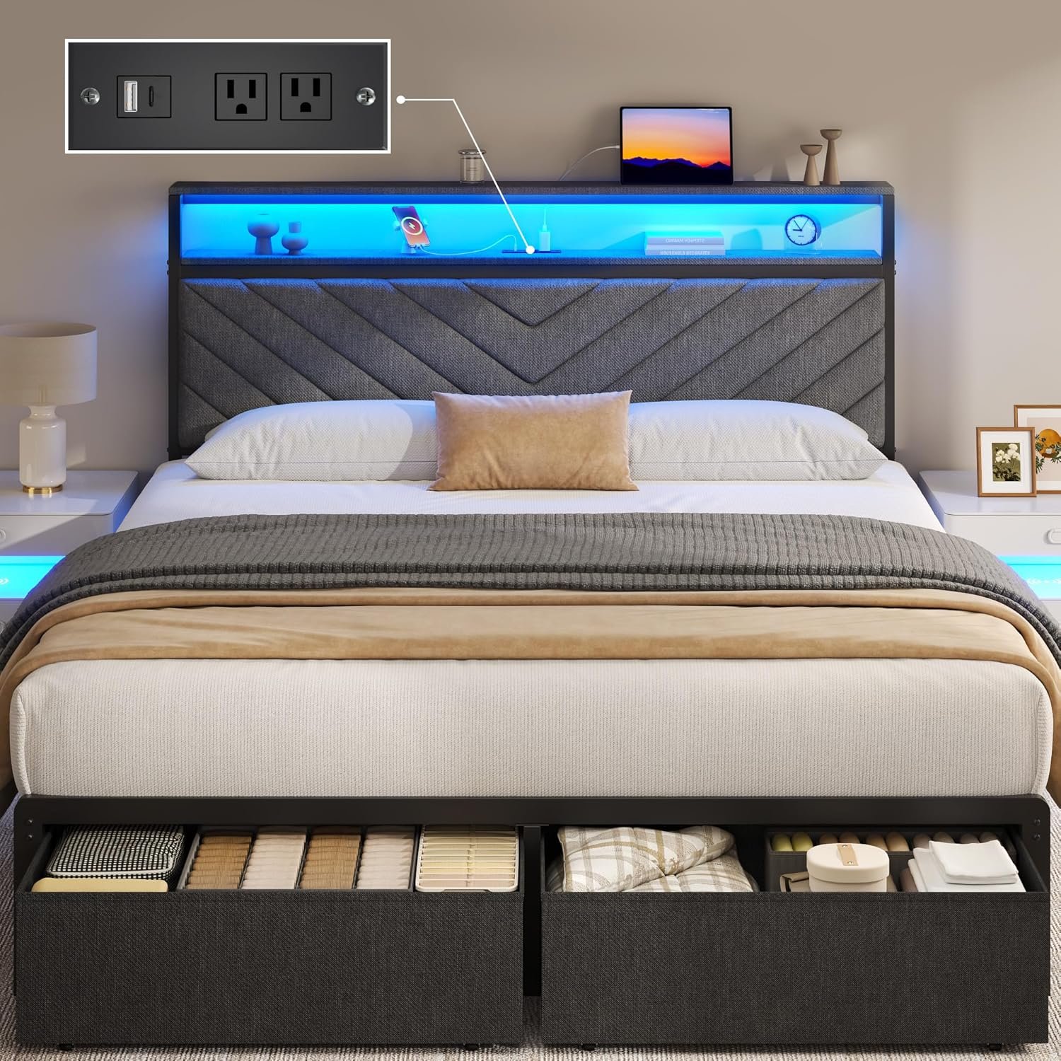 91cHy87dL._AC_SL1500_.jpg Queen Bed Frame with 2 Drawers, Upholstered Headboard with Storage and Charging Station, LED Lights, Fabric Drawers with Wheels, Under Bed Storage, No Box Spring Needed, Easy Assembly, Grey - Image 1