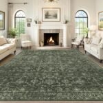 Washable Area Rug 8x10 Green Rugs for Living Room, Vintage Boho Large Rug for Bedroom Dining Room Office, Distressed Floral Print Carpet for Under Table, Soft Non Slip Low Pile Throw Carpet Indoor Mat