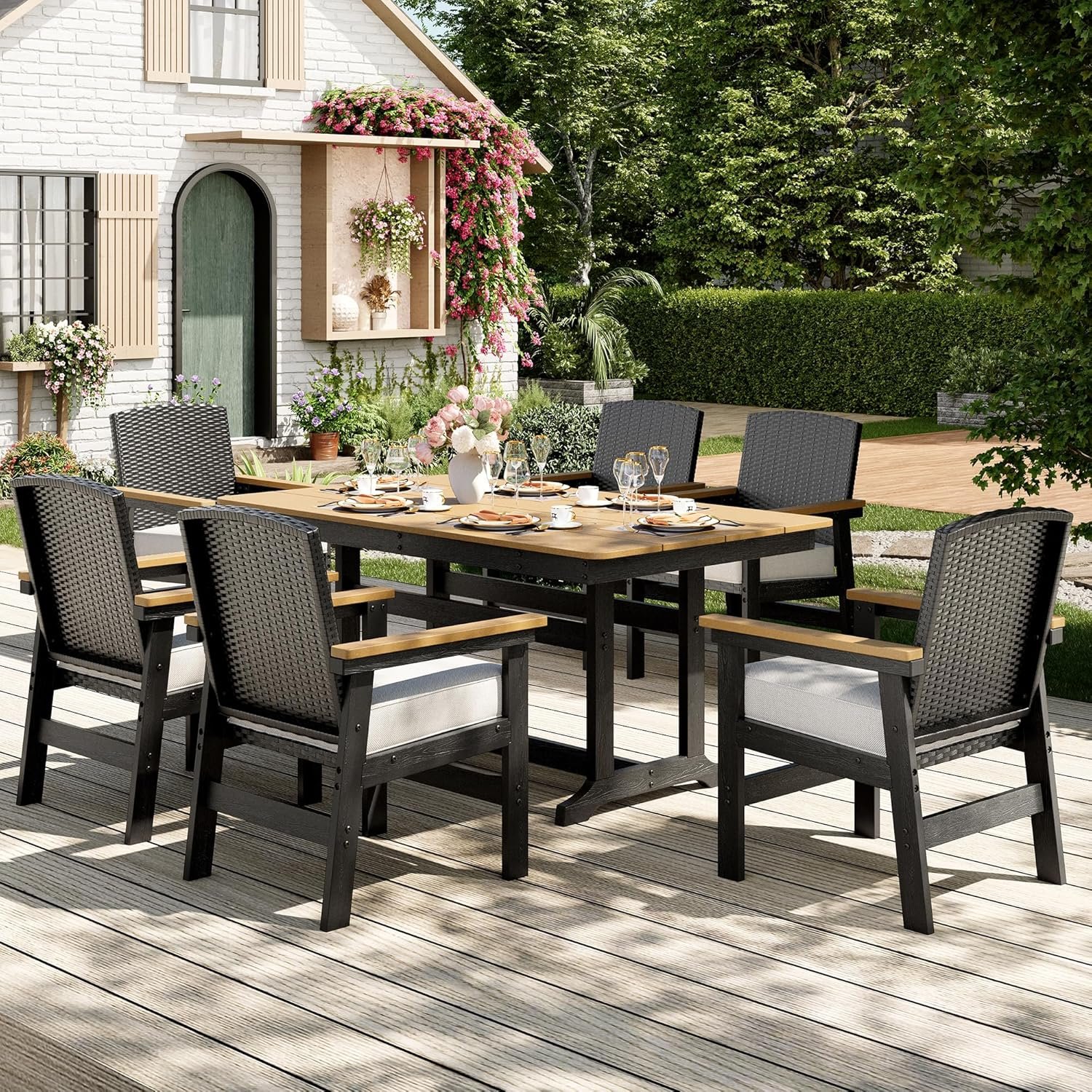 91hwqpqWevL._AC_SL1500_.jpg 7-Piece Outdoor Patio Dining Sets, Patio Table and Chairs Set, HDPE Outdoor Dining Set, Rattan Wicker Patio Set with Ultra-Soft Cushions for Backyard, Deck, Garden - Black - Image 1