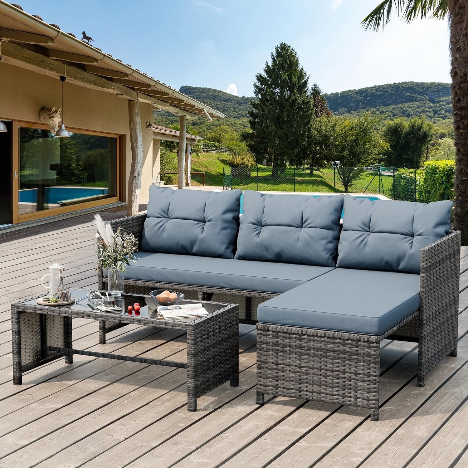 91i1pm92HXL._AC_SL1500_.jpg Shintenchi 3-Piece Outdoor Patio Furniture Sets, Wicker Patio Conversation Sets, All Weather Wicker Rattan Patio Seating Sofas with Glass Coffee Table and Cushion, Blue-Gray - Image 1