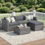 Wisteria Lane 5-Pieces Outdoor Patio Furniture Set, All Weather Wicker Rattan Sectional Sofa, Patio Conversation Set with Cushions & Glass Coffee Table for Backyard Porch Garden Balcony, Grey