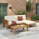 Christopher Knight Home Havets 3 Pieces Outdoor Acacia Furniture Set, Slat Panel Couch, Spacious Seating Armchair, 6" Thick Cushions Sofa and Coffee Table Set for Backyard Garden Balcony, Teak+Beige - Image 4