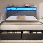 Queen Bed Frame with 2 Drawers, Upholstered Headboard with Storage and Charging Station, LED Lights, Fabric Drawers with Wheels, Under Bed Storage, No Box Spring Needed, Easy Assembly, Grey - Image 8