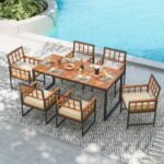 Tangkula 7 Pieces Patio Dining Set, Outdoor Acacia Wood Table and Chairs with Soft Cushions and 1.96” Umbrella Hole for Backyard, Garden, Poolside (Beige) - Image 7