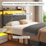 Queen Bed Frame with 2 Drawers, Upholstered Headboard with Storage and Charging Station, LED Lights, Fabric Drawers with Wheels, Under Bed Storage, No Box Spring Needed, Easy Assembly, Grey - Image 4