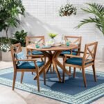 Christopher Knight Home Jordan Outdoor 5 Piece Acacia Wood Dining Set, Teak Finish/Blue - Image 2