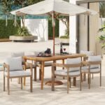 Christopher Knight Home Elko Acacia Wood Outdoor Dining Set for 6, Wooden 7 Piece Patio Dining Table Set, Outdoor Metal Dining Chair and Table Set with Cushion, Patio Furniture Set, Teak+Light Gray