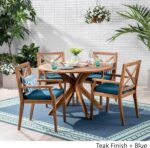 Christopher Knight Home Jordan Outdoor 5 Piece Acacia Wood Dining Set, Teak Finish/Blue - Image 3