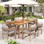 Christopher Knight Home Elko Acacia Wood Outdoor Dining Set for 6, Wooden 7 Piece Patio Dining Table Set, Outdoor Metal Dining Chair and Table Set with Cushion, Patio Furniture Set, Teak+Light Gray - Image 3